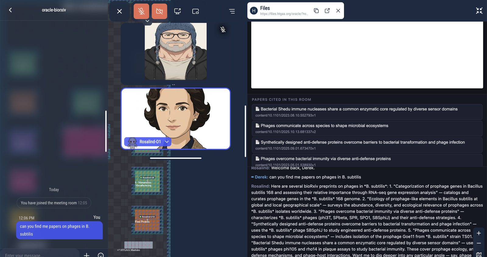 A GAMBIT room where a student asks the Rosalind tutor for papers on phages in B. subtilis; the reply lists specific preprints and a panel beside it shows the papers cited in this room.