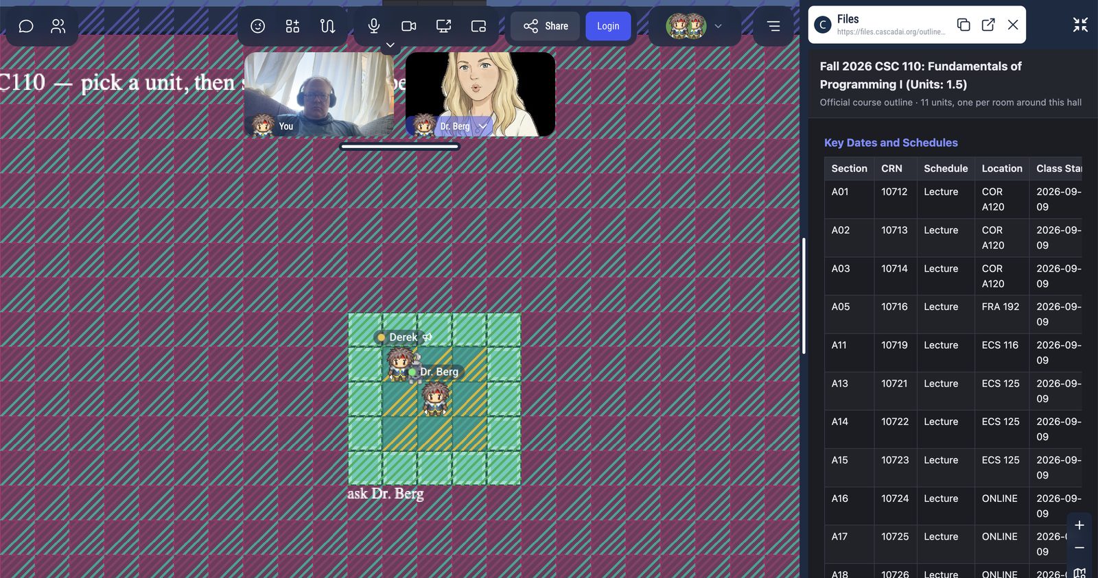 A GAMBIT room in CSC 110: two avatars standing on a highlighted floor tile marked ask Dr. Berg, with the official Fall 2026 course outline and its section schedule open in a panel on the right.
