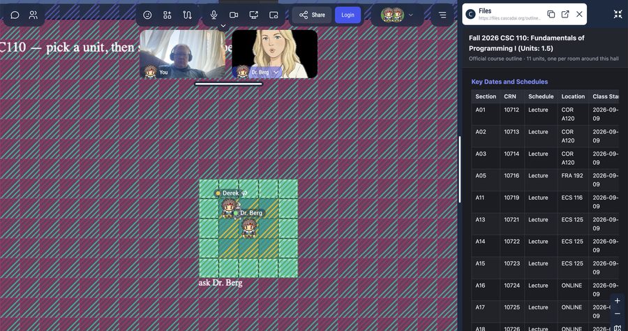 A GAMBIT classroom map with two avatars and a course outline panel.